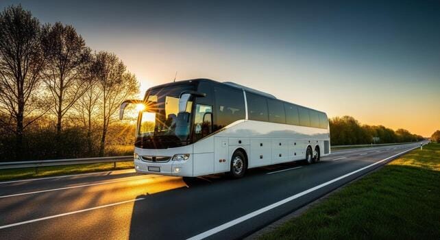 a white passenger bus traveling on a highway at sunset with trees in the background on a clear day free photo